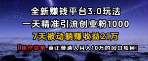 全新赚钱平台3.0玩法一天精准引流创业粉1000.7天被动躺Z收益21W【仅揭秘】-桀创项目掘金社