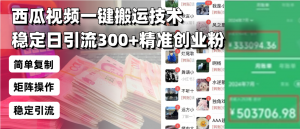 西瓜视频一键搬运技术,稳定日引流300+精准创业粉,简单可复制给团队,...-桀创项目掘金社
