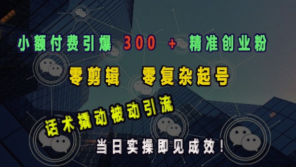 小额付费引爆 300 + 精准创业粉，零剪辑、零复杂起号，话术撬动被动引流，当日实操即见成效-桀创项目掘金社