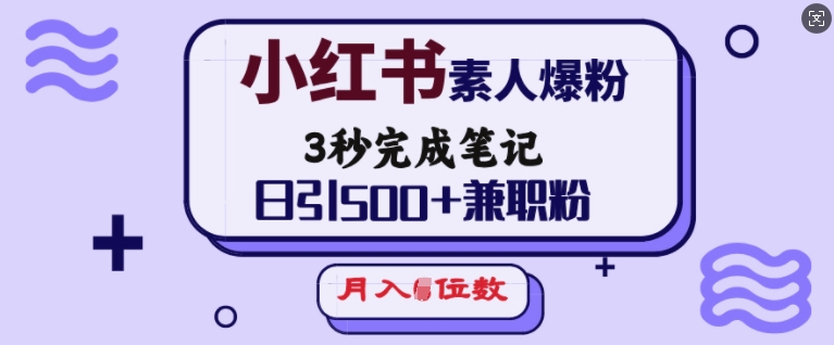 小红书素人爆粉，3秒完成笔记，日引500+兼职粉，月入5位数-桀创项目掘金社