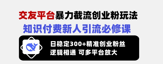 交友平台暴力截流创业粉玩法，知识付费新人引流必修课，日稳定300+精准创业粉丝，逻辑相通可多平台放大-桀创项目掘金社