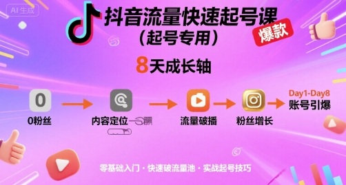 抖音流量快速起号课(起号专用)，8天带你做爆自己的账号-桀创项目掘金社