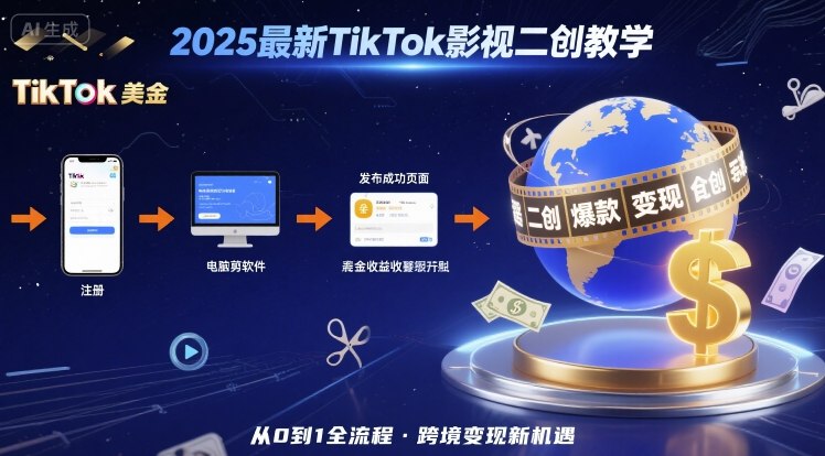 2025年最新TikTok影视二创教学，从注册到发布撸美金全流程，跨境变现新机遇-桀创项目掘金社