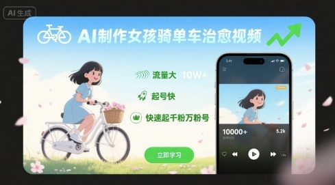 AI制作女孩骑单车治愈视频，流量大，起号快，快速起千粉万粉号-桀创项目掘金社