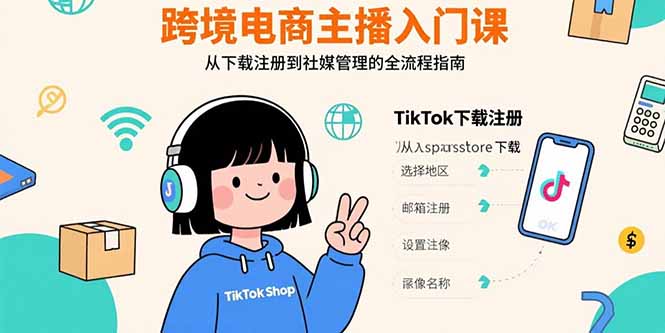 跨境电商主播入门课，TikTok下载注册，支付工具配置，社媒账号管理全流程-桀创项目掘金社