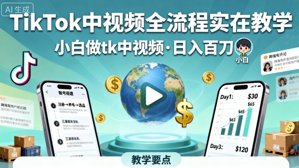 TikTok中视频全流程实操教学，小白做tk中视频，日入百刀-桀创项目掘金社