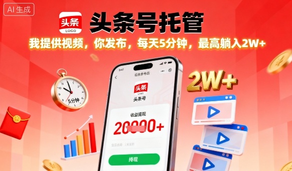 【头条号托管】我提供视频，你发布，每天5分钟，最高躺入2W+【揭秘】-桀创项目掘金社