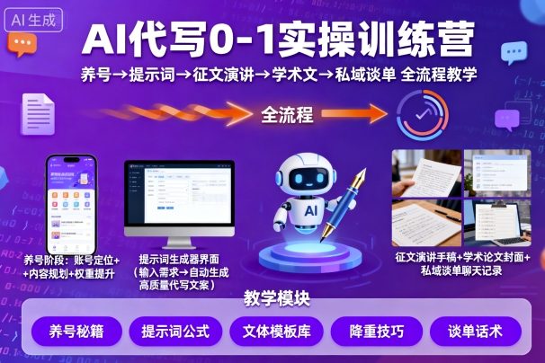 AI代写0-1实操训练营，从养号、提示词、征文演讲、学术文，到私域谈单的全流程教学-桀创项目掘金社