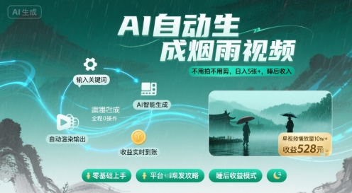不用拍不用剪！AI自动生成烟雨视频，日入5张+，睡后收入-桀创项目掘金社
