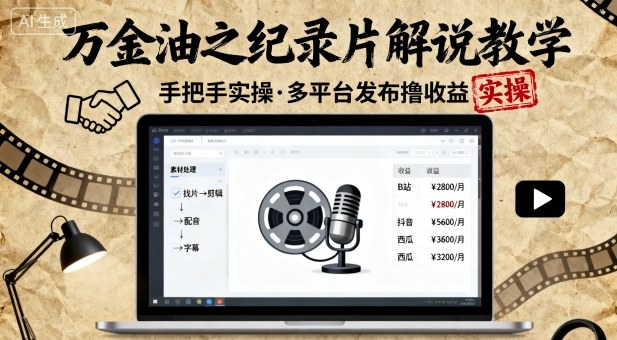 万金油之纪录片解说教学，手把手教你，完全实操，多平台发布撸收益-桀创项目掘金社
