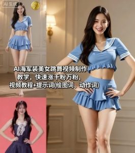 AI海军装美女跳舞视频制作教学，快速涨千粉万粉，视频教程+提示词(绘图词、动作词)-桀创项目掘金社