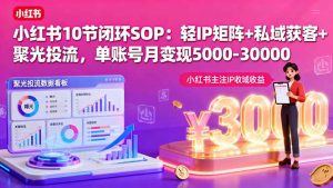 小红书10节闭环SOP：轻IP矩阵+私域获客+聚光投流，单账号月变现5000-30000-桀创项目掘金社