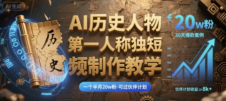 最新AI历史人物第一人称独白短视频制作教学，一个半月20w粉，可过伙伴计划-桀创项目掘金社