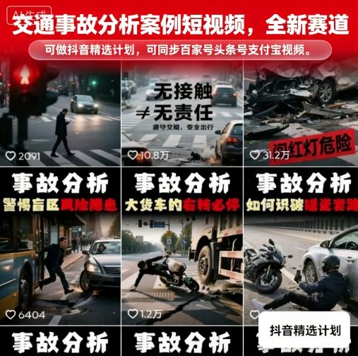 交通事故分析案例短视频，全新赛道，可做抖音精选计划，可同步百家号头条号支付宝视频号平台-桀创项目掘金社