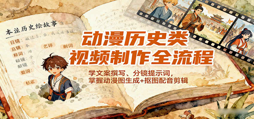 动漫历史类视频制作全流程，学文案撰写、分镜提示词，掌握动漫图生成+抠图配音剪辑-桀创项目掘金社