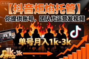【抖音炬焰托管】你提供账号，团队代运营发视频，单号月入1k+【揭秘】-桀创项目掘金社