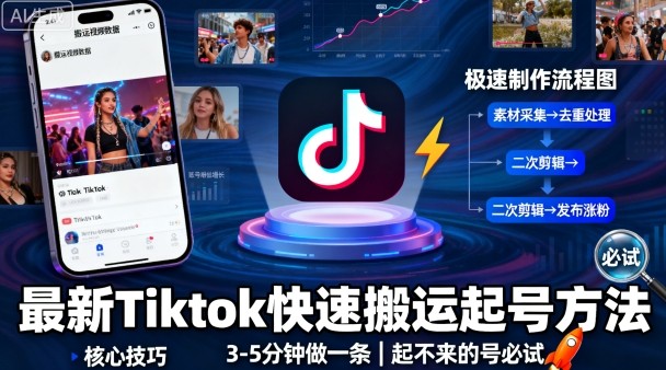 最新Tiktok快速搬运快速起号方法，3-5分钟做一条，起不来的号可以试试-桀创项目掘金社