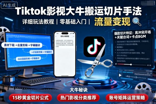Tiktok影视大牛搬运切片手法，详细玩法教程-桀创项目掘金社