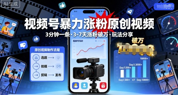 视频号暴力涨粉原创视频，3分钟一条原创视频，3-7天涨粉破万，玩法分享给你-桀创项目掘金社