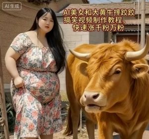 AI美女和大黄牛摔跤搞笑荒诞视频制作教程，快速涨千粉万粉-桀创项目掘金社