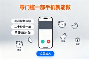零门槛一部手机就能做,商品视频审核,通勤躺家碎片时间都能做,二十秒钟一单,单日收益4张【揭秘】-桀创项目掘金社