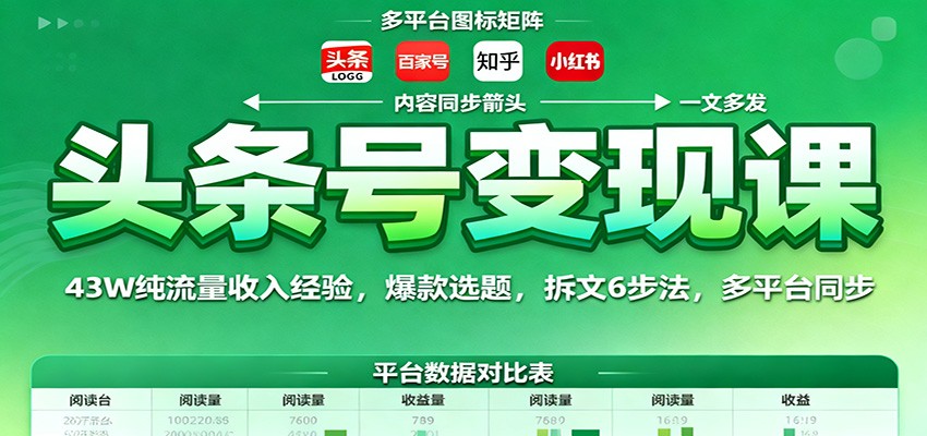 头条号变现课：43W纯流量收入经验，爆款选题，拆文6步法，多平台同步-桀创项目掘金社