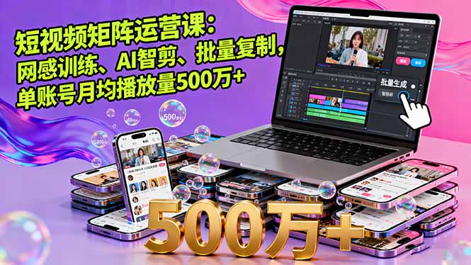 短视频矩阵运营课：网感训练、AI智剪、批量复制，单账号月均播放量500万+-桀创项目掘金社