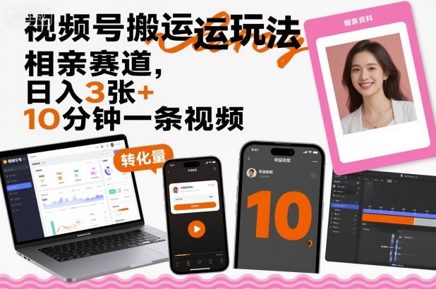 视频号搬运玩法，相亲赛道，日入3张+，10分钟一条视频-桀创项目掘金社