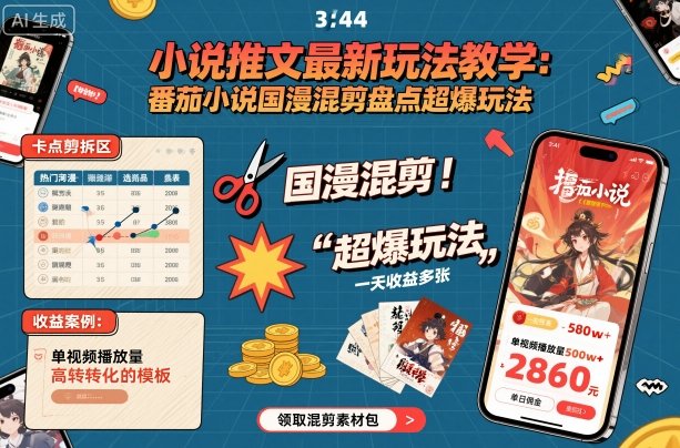 小说推文最新玩法教学，番茄小说国漫混剪盘点超爆玩法，全程干货，一天收益多张-桀创项目掘金社
