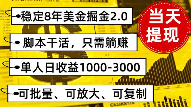 稳定8年美金掘金2.0脚本干活，只需躺赚。单人日收益1000-3000可批量、…-桀创项目掘金社