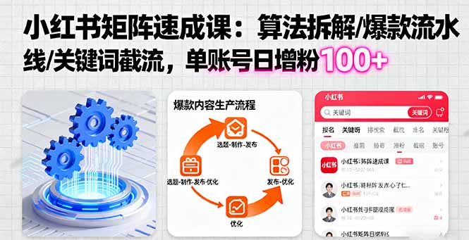 小红书矩阵起号速成课：算法拆解/爆款流水线/关键词截流 单账号日增粉100+-桀创项目掘金社