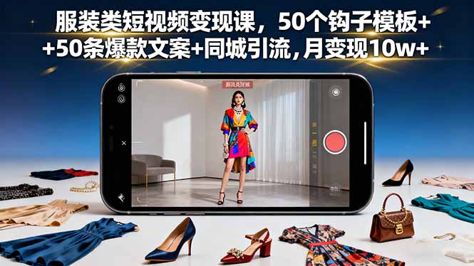 服装类短视频变现课，50个钩子模板+50条爆款文案+同城引流，月变现10w+-桀创项目掘金社