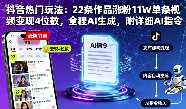 抖音热门玩法：22条作品涨粉11W单条视频变现4位数，全程AI生成，附详细AI指令-桀创项目掘金社
