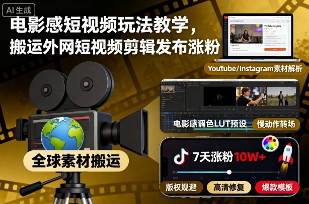 电影感短视频玩法教学,搬运外网短视频剪辑发布涨粉-桀创项目掘金社