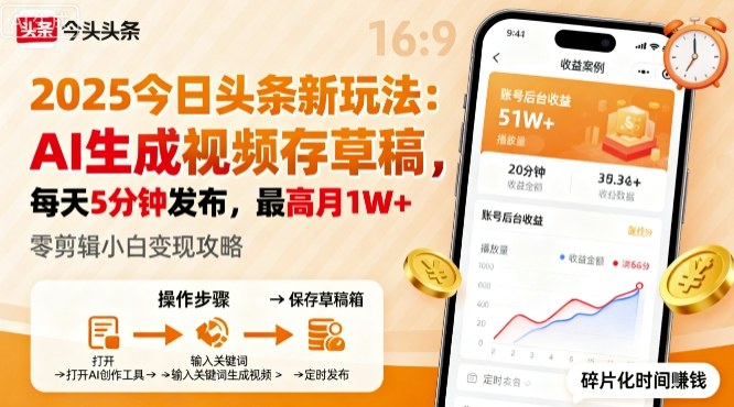 2025年今日头条躺賺新玩法，AI生成视频存草稿，每天5分钟发布，最高月1W+【揭秘】-桀创项目掘金社