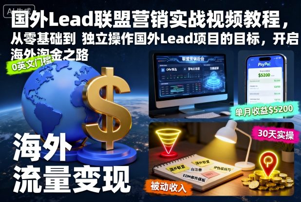 国外Lead联盟营销实战视频教程,从零基础到独立操作国外Lead项目的目标,开启海外淘金之路-桀创项目掘金社