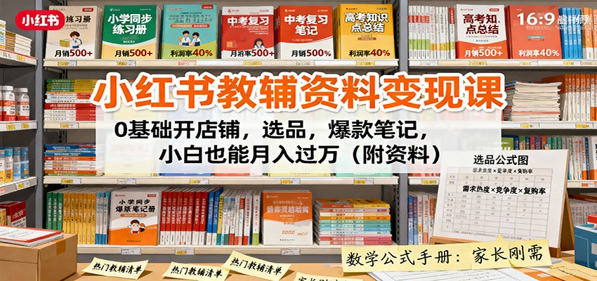 小红书教辅资料变现课：0基础开店铺，选品，爆款笔记，小白也能月入过万(附资料)-桀创项目掘金社