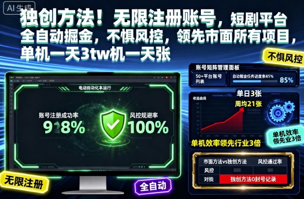 独创方法!无限注册账号,短剧平台全自动掘金,不惧风控,领先市面所有项目,单机一天3张【揭秘】-桀创项目掘金社