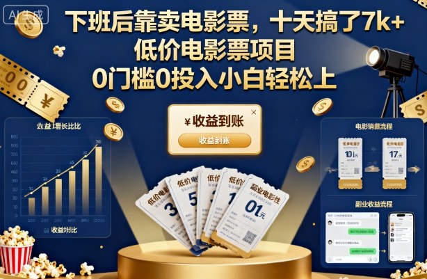 下班后靠卖电影票,十天搞了7k+,低价电影票项目,0门槛0投入小白轻松上手【揭秘】-桀创项目掘金社