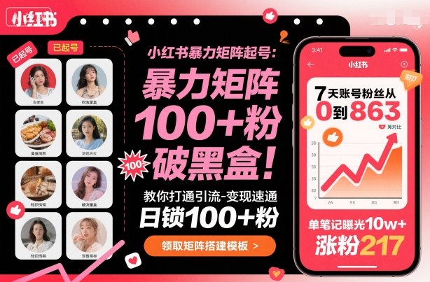 小红书暴力矩阵起号，教你打通引流-变现速通，日锁100+粉，破流量黑盒-桀创项目掘金社