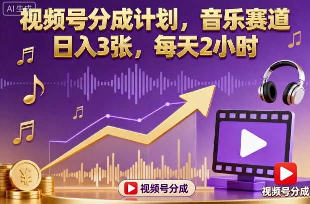 视频号分成计划，音乐赛道，日入3张，每天2小时-桀创项目掘金社