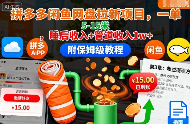 拼多多闲鱼网盘拉新项目，一单5-15米，睡后收入+管道收入1w+(附保姆级教程)-桀创项目掘金社
