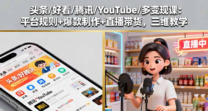 头条/好看/腾讯/YouTube/多变现课：平台规则+爆款制作+直播带货，三维教学-桀创项目掘金社