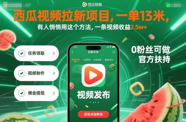 西瓜视频拉新项目，一单13米，有人悄悄用这个方法，一条视频收益2.5w+(附详细教程)-桀创项目掘金社