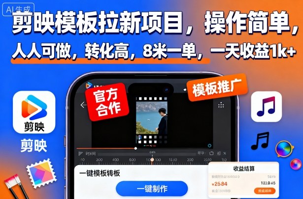 剪映模板拉新项目，操作简单，人人可做，转化高，8米一单，一天收益1k+-桀创项目掘金社