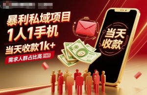暴利私域项目1人1手机,当天收款1k+,需求人群占比高,当天就能见到钱-桀创项目掘金社
