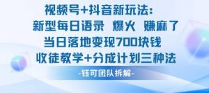 视频号加抖音新玩法:爆火新型每日语录,收徒教学加分成计划,三种变现玩法,当日变现7张-桀创项目掘金社