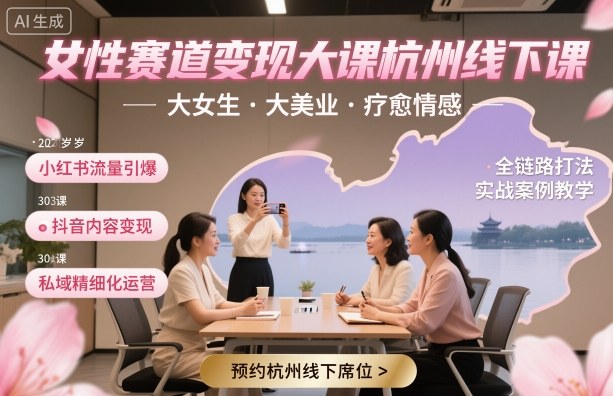 女性赛道变现大课杭州线下，大女生，大美业，疗愈情感，一套小红书、抖音、私域全链路打法-桀创项目掘金社