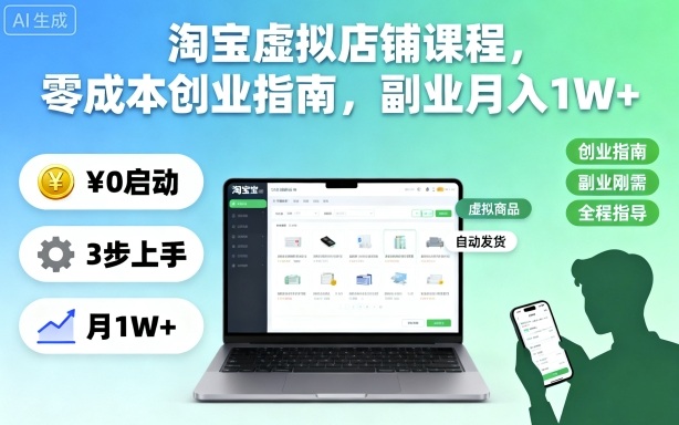 淘宝虚拟店铺课程,零成本创业指南,副业月入1W+-桀创项目掘金社