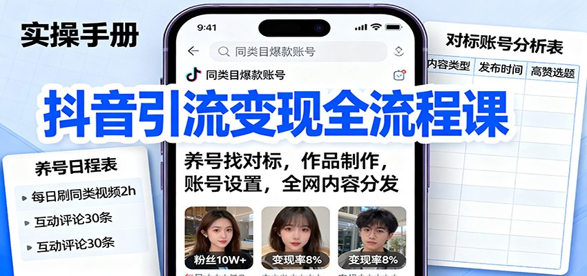 抖音引流变现全流程课：养号找对标，作品制作，账号设置，全网内容分发-桀创项目掘金社
